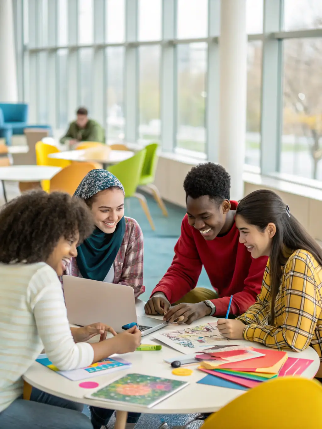 A diverse group of students gathered around a table, collaboratively working on a project with the provided resources (textbooks, laptops, writing materials). The scene is vibrant and shows active learning.