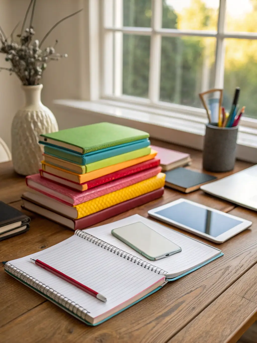 A close-up shot of various writing materials (pens, pencils, notebooks) organized in a colorful and inviting manner. These materials are being distributed to students in Uburu by EDII.