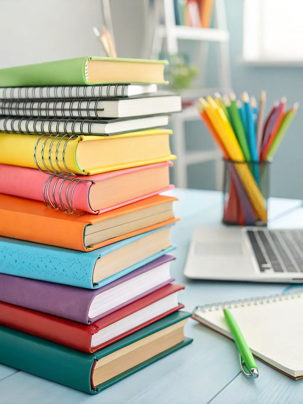 A high-angle shot of a stack of brand new textbooks, neatly arranged, with a subtle depth of field to highlight the top book. The books are for secondary school students in Ebonyi State, provided by EKEZIE DEVELOPMENT INITIATIVE INC.
